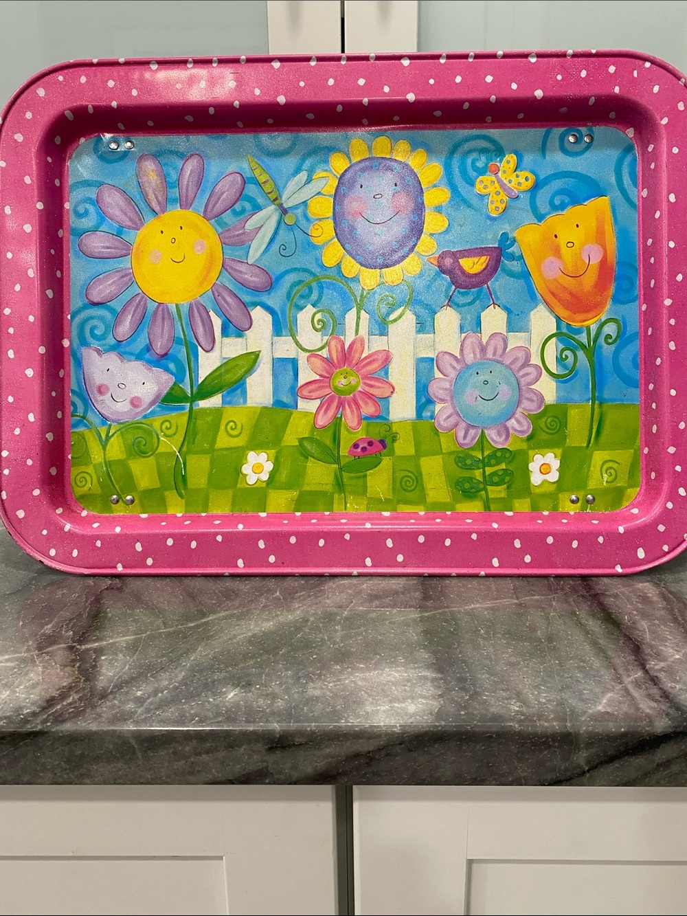 Whimsical Polka Dot Floral Serving Tray - Bright Pink